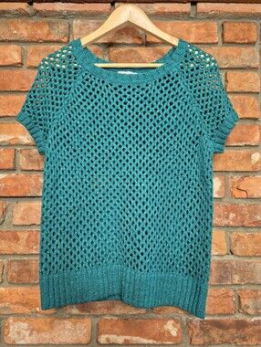 Revolution by Ricki's Large Teal Crochet Open Knit Short Sleeve Sweater Back Zip